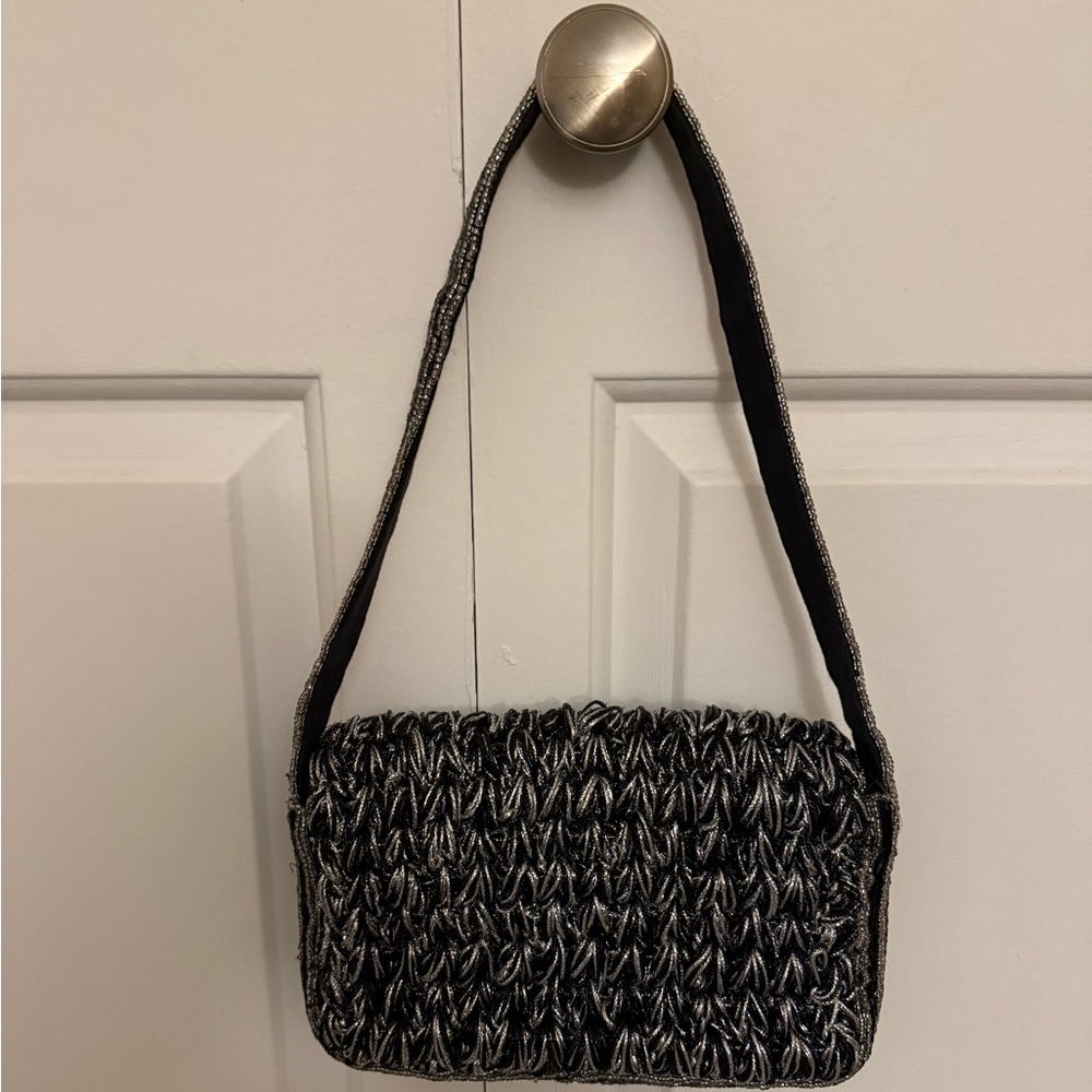 Anthropologie Maeve Fiona Crochet Beaded Bag Black & Silver - Picture 4 of 12